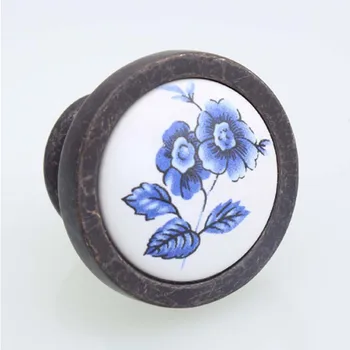 

Dia 38mm Retro style black bronze drawer tv cabinet knob pull Rural blue flower ceramic cupboard dresser door handle knob
