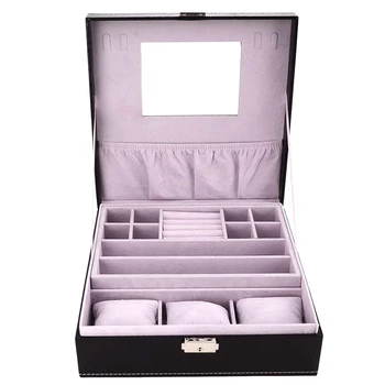 

Watch Box and Jewelry Holder Organizer,PU Leather Case Display Organizer Storage Display Jewelry Watch with Lock and Mirror