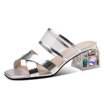 

2020 New Women Summer crystal Square High Heels slippers Genuine Leather Shoes Woman Sandals Open Toe Ladies Slippers