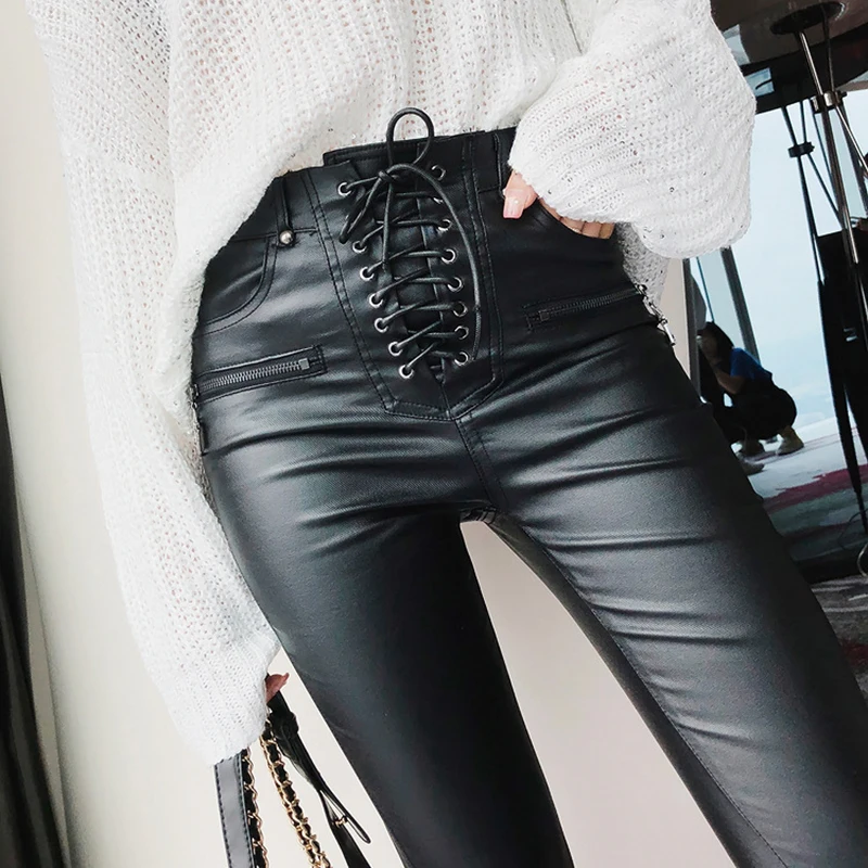 Черные обтягивающие брюки-карандаш для женщин осень зима штаны из искусственной кожи женские модные брюки на шнуровке с высокой талией