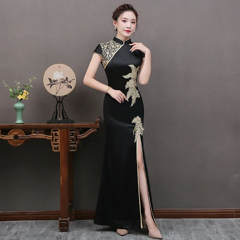 Сексуальное женское длинное платье Cheongsam с кружевными цветами летнее винтажное