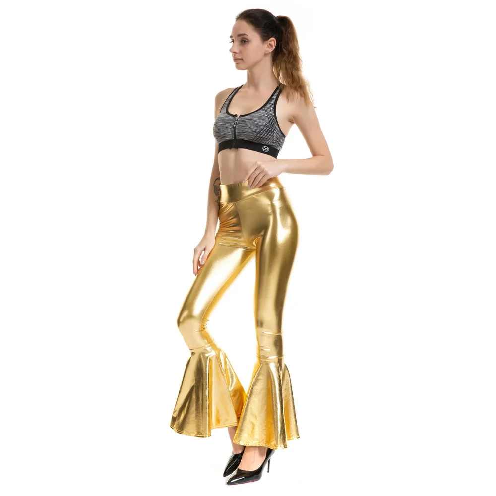 flare leggings OKAYOASIS Sexy Women PU Leather Elastic Waist Gold Silver Flare Legging Bodycon Metallic Bright Sequin Pants aybl leggings
