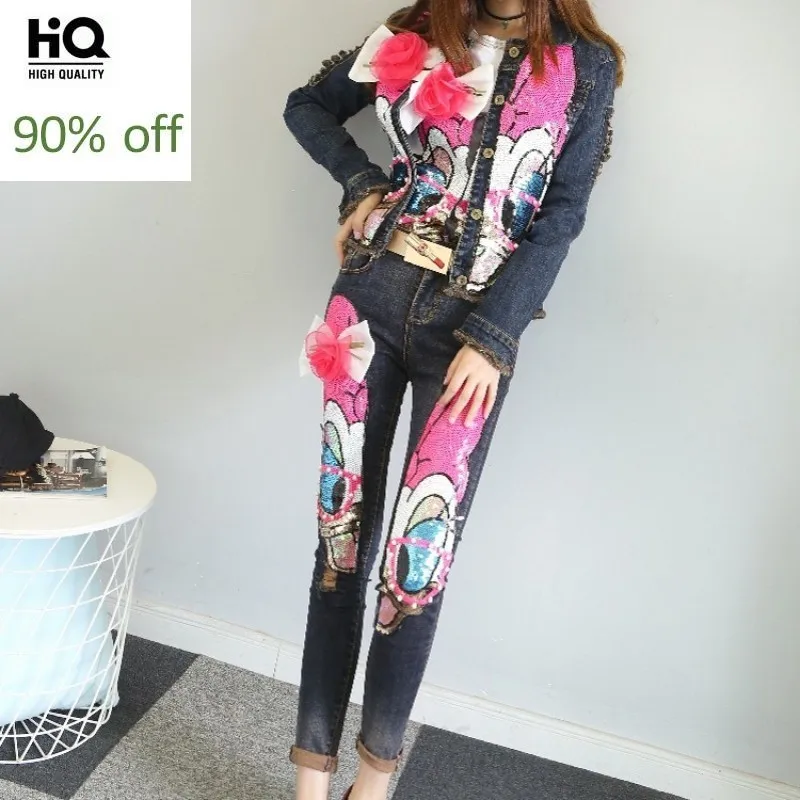 

High Street Women Slim Fit Denim Two Piece Set Cartoon Sequins Bling Skinny Jeans Suits Short Jacket Hole Ripped Matching Sets