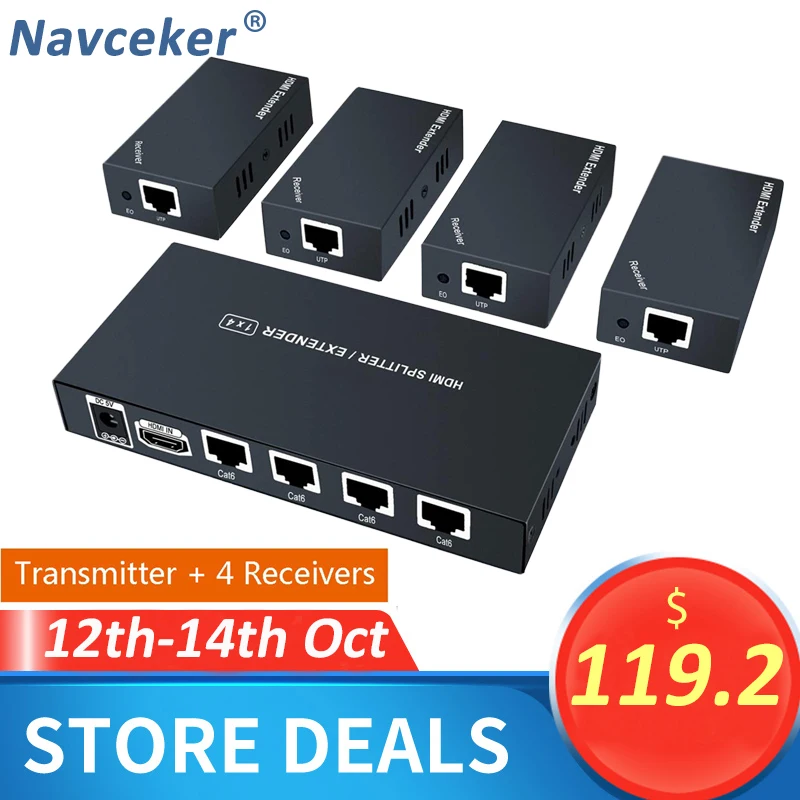 Newest 200ft Hdmi Splitter Extender 1x4 Over Rj45 Cat5e Cat6 Cable With