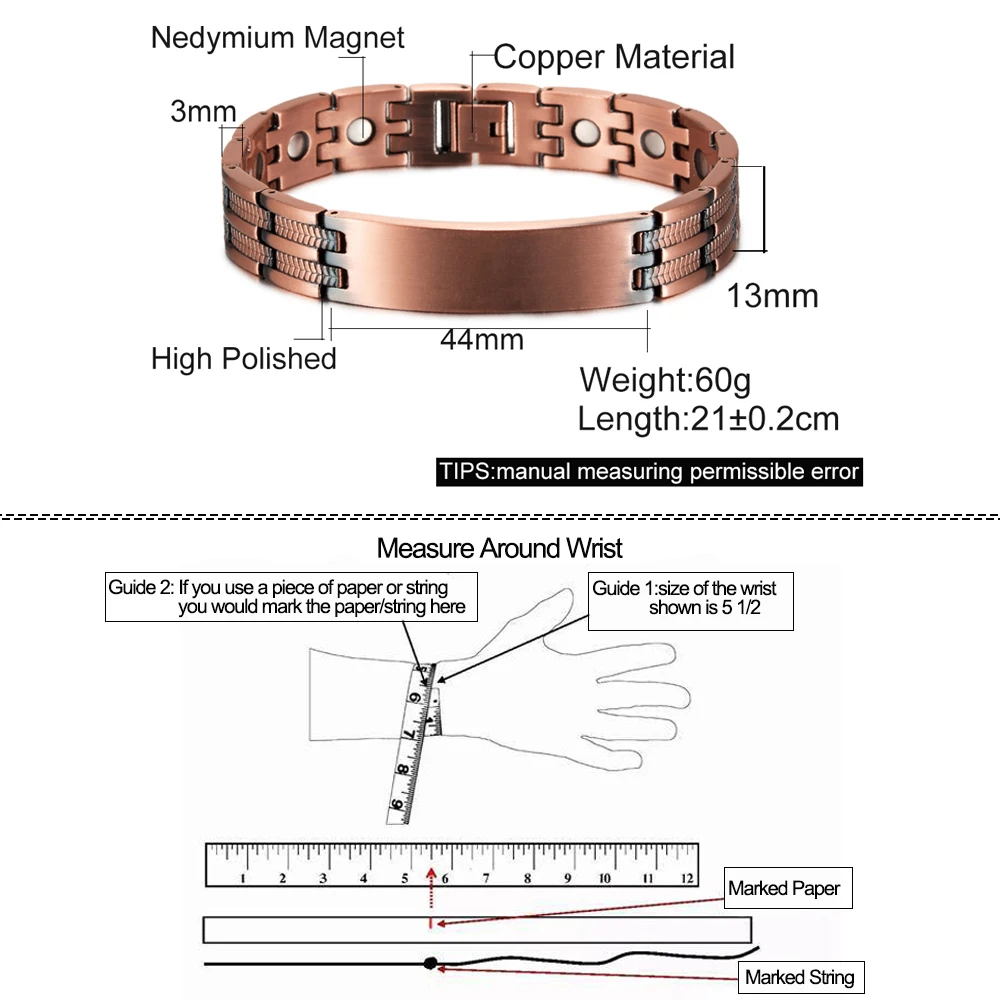 Fashion Jewelry Pure Copper Bracelet Customized Name Adjustable Medical ID Bracelet Personalized Message Reminder Magnetic Bracelets for Men