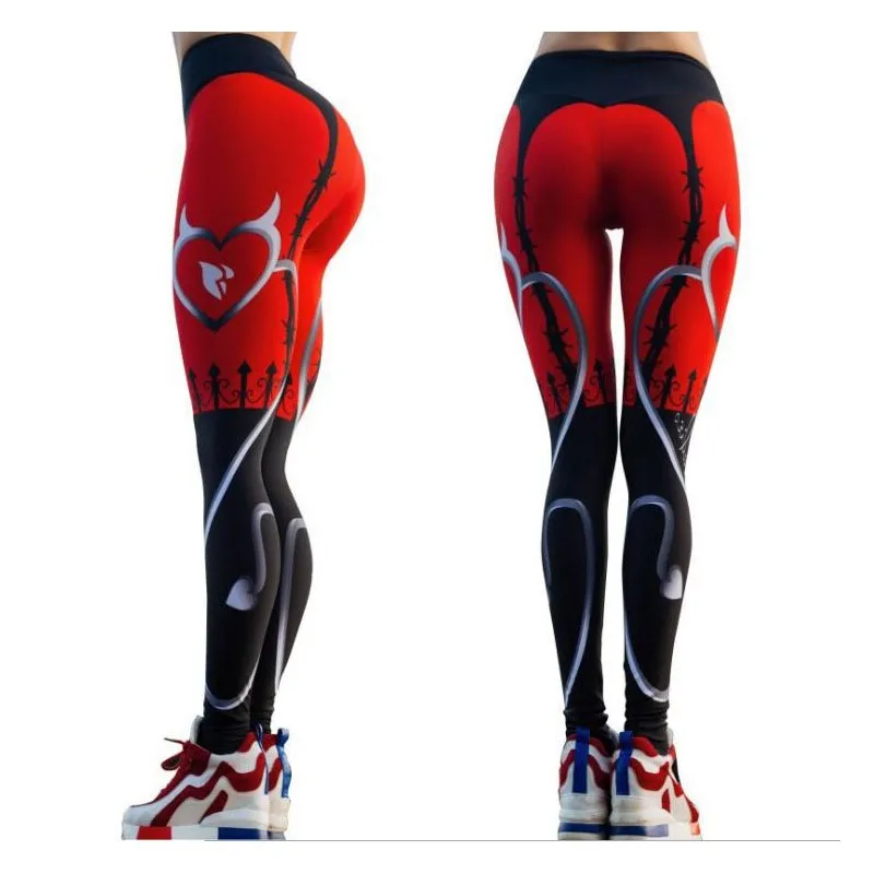 

Sexy Heart Print Leggings Women Red Black Patchwork Sporting Pants Fashion Printed Women's Fitness Leggings