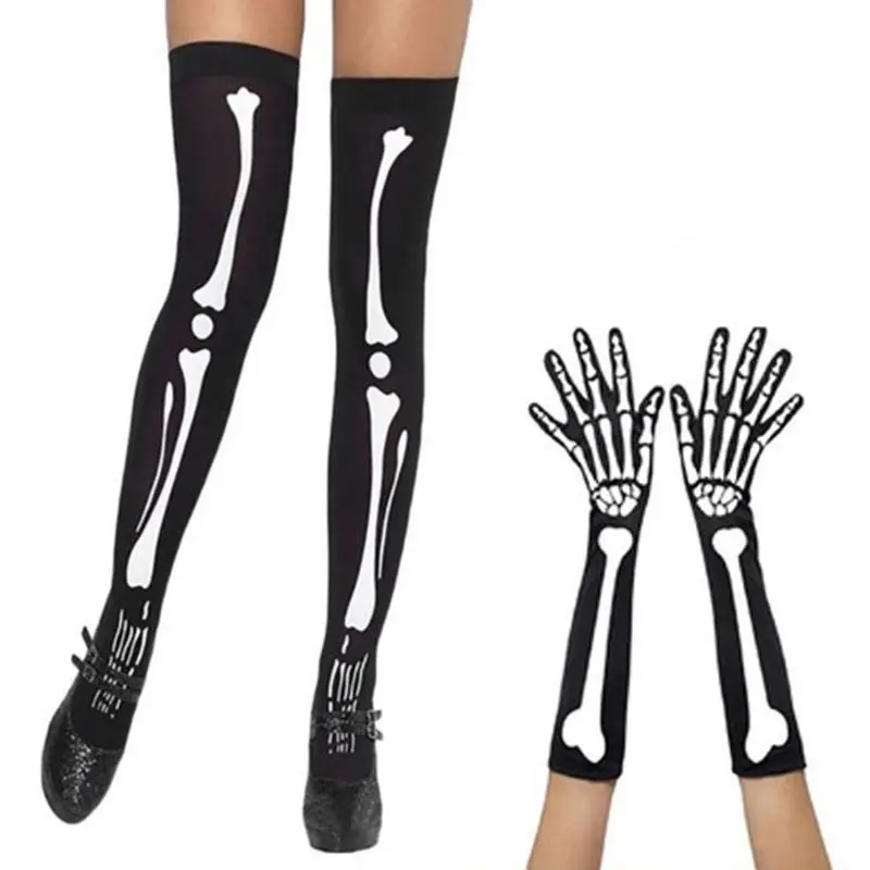 Женские Хэллоуин косплей кости скелета черепа перчатки бедра высокие чулки носки F3ME