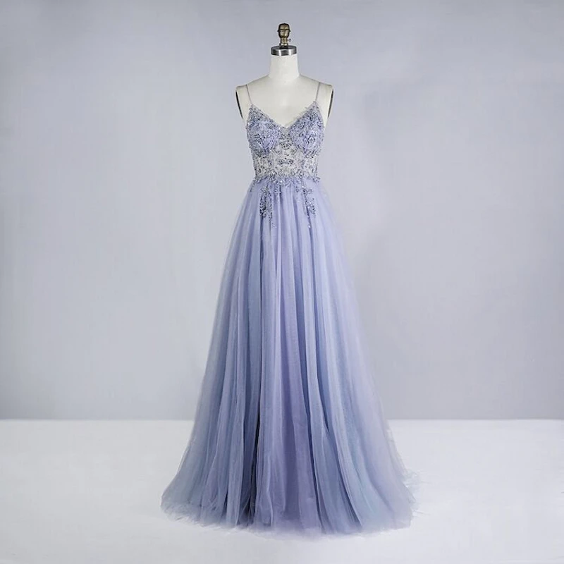 Beaded Crystal Prom Dresses 2021 Long Sexy See Through A-Line Split Tulle V Neck Spaghetti Strap Evening Formal Gown blue prom dresses