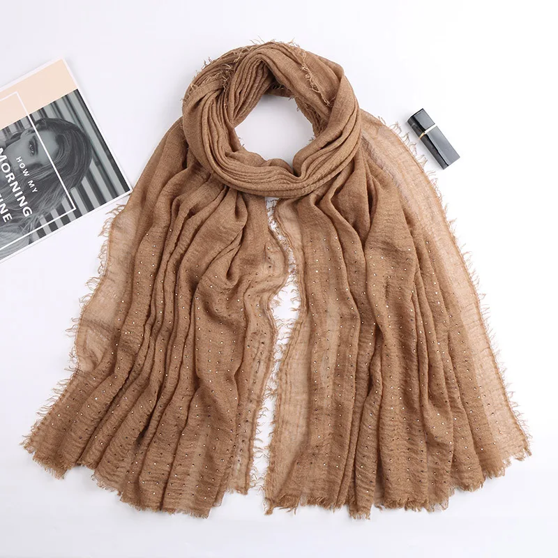 Plain Color Bubble Cotton Maxi Muslim Women Hijab Turban Gold Diamonds Headband Fringe Edges Headscarf Long shawls 180X100CM
