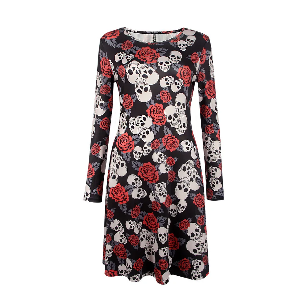 

Autumn Women Halloween Dress Female Party Dress Long Sleeve Print Skull Christmas Dress Vestido De Fiesta Casual Clothes