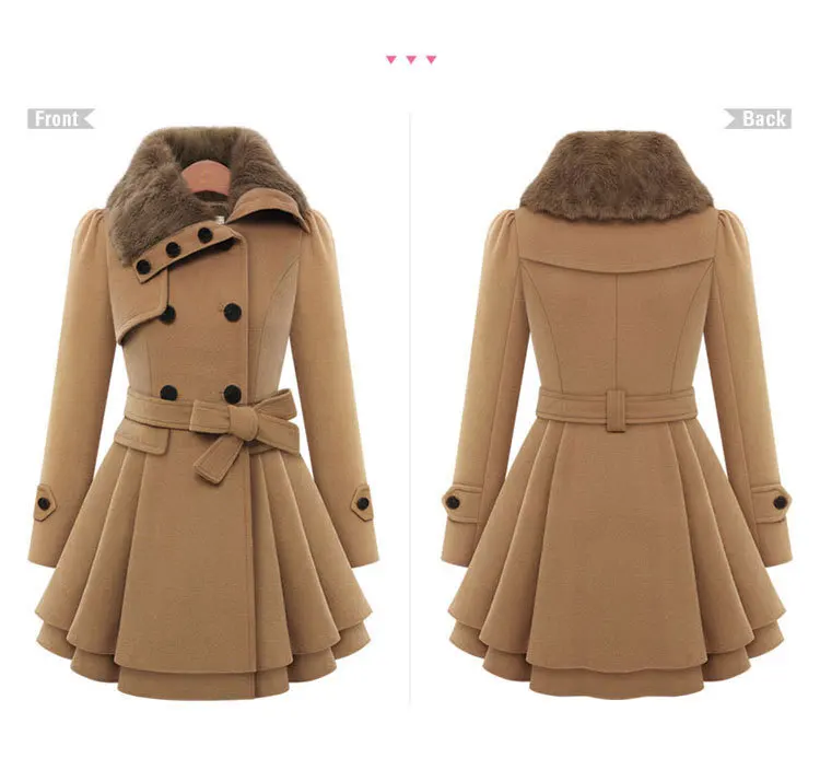 

2017 New Style Europe And America WOMEN'S Dress Slim Fit Mid-length Woolen Jacket Double Breasted Thick Overcoat + Belt