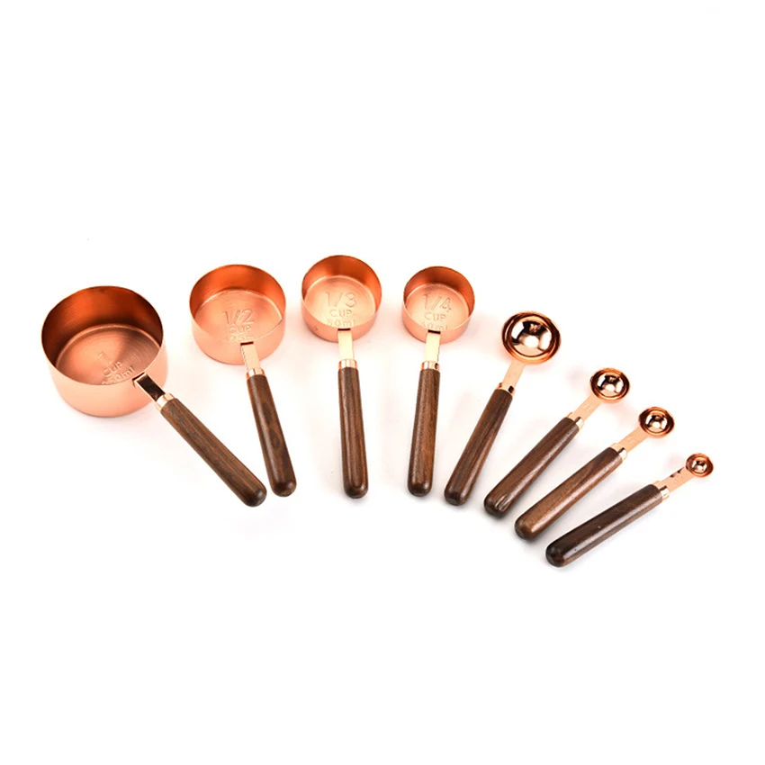 4pcs/set Wooden Handle Measuring Spoon Kitchen Baking Tools DIY Cake Bread Powder Measurement Stainless Steel Cup | Дом и сад