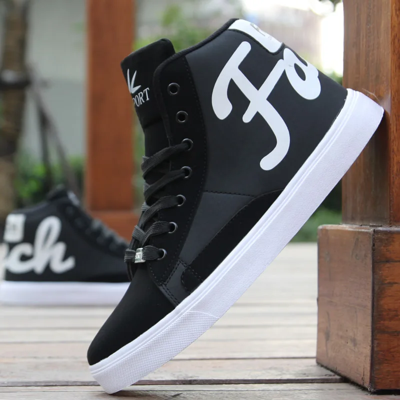 Men's Spring Autumn Shoes Skateboarding Shoes High Top Men British Style Comfortable Sneaker Men's Skateboarding Sneakers Sports - Color: Black