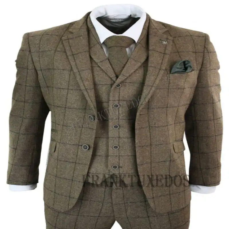 

3 Piece Suits Men British Latest Coat Pant Designs Brown Mens Suit Autumn Winter Thick Slim Fit Plaid Wedding Dress Tuxedos