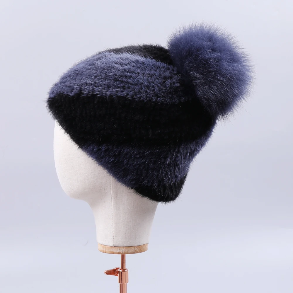 

SUPPEV&STTDIO real mink fur hat women winter knitted mink fur beanies cap with fox fur pom poms thick female cap Elastic