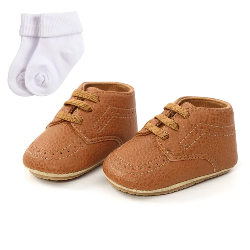 2Pcs Toddler Newborn Baby Boys Girls Causul Shoes Lace-up Soft Sole  Non-slip First Walkers +Socks 0-18M 2