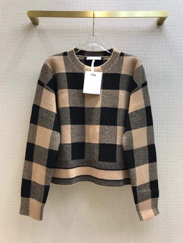 

93% Goat Cashmere Women Sweater Shirt 2020 Runway Vintage Long Sleeve Plaid O-neck Knitted Sweater Autumn Winter Casual Sweaters