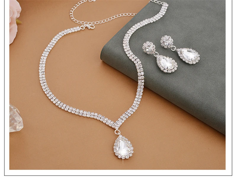 Water Drop Rhinestone Long Pendant Full Crystal Silver Plated Necklace & Earrings Elegant Bridal Wedding Jewelry Set - Image 2