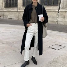 Стильное элегантное двухстороннее шерстяное Женское пальто ручной работы с длинными регулируемыми карманами на талии Черное Женское пальто