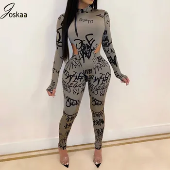 

Joskaa Letter Print Tracksuit Bodysuits Pants Suit Two Piece Set Night Club Party Bandage Outfits Women Set Full Sleeve