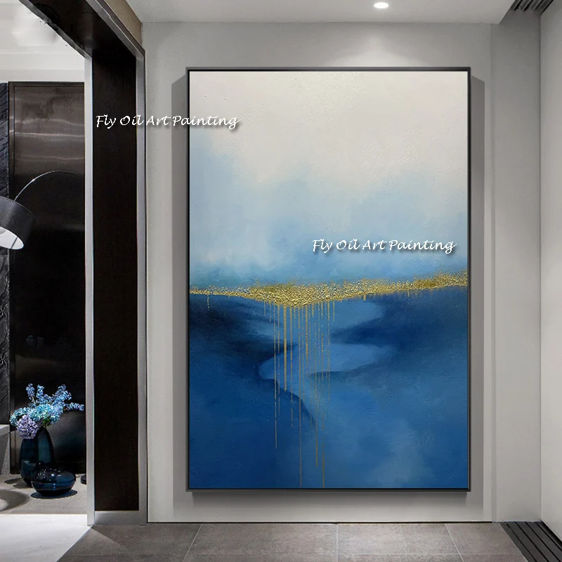 

The Handmade Modern Foil Gold Blue Water View Oil Painting Abstract Corridor New Porch Wall Art Bed Room Decoration Frameless