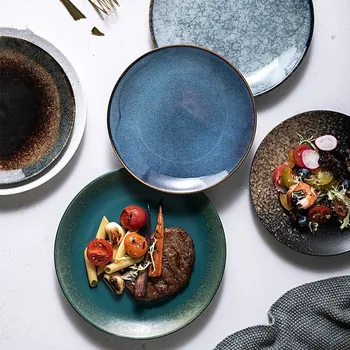 

Chinese Retro Style Ceramic Round Dinner Plate Pizza Plate Steak Dish Dessert Tray Porcelain Kitchen Utensils