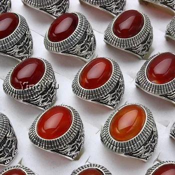 

Yingwu Vintage Punk Natural Agate Ring & Hand-carved Pattern Silver Plated Ring for Women Men's Party Jewelry 10pcs/lot