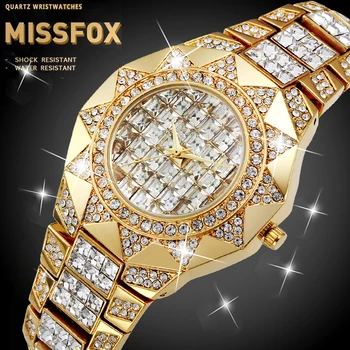 

MISSFOX Baguette Diamond Mens Watches Top Brand Luxury Watch Men High Quality Quartz Wristwatches Sun Male Golden Clock Hours