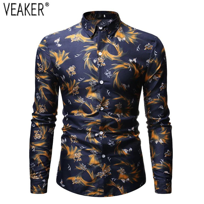 Новинка осени, мужская рубашка с цветочным принтом, топы для мужчин, приталенная рубашка с длинным рукавом, Повседневная деловая рубашка с цветочным принтом M-3XL
