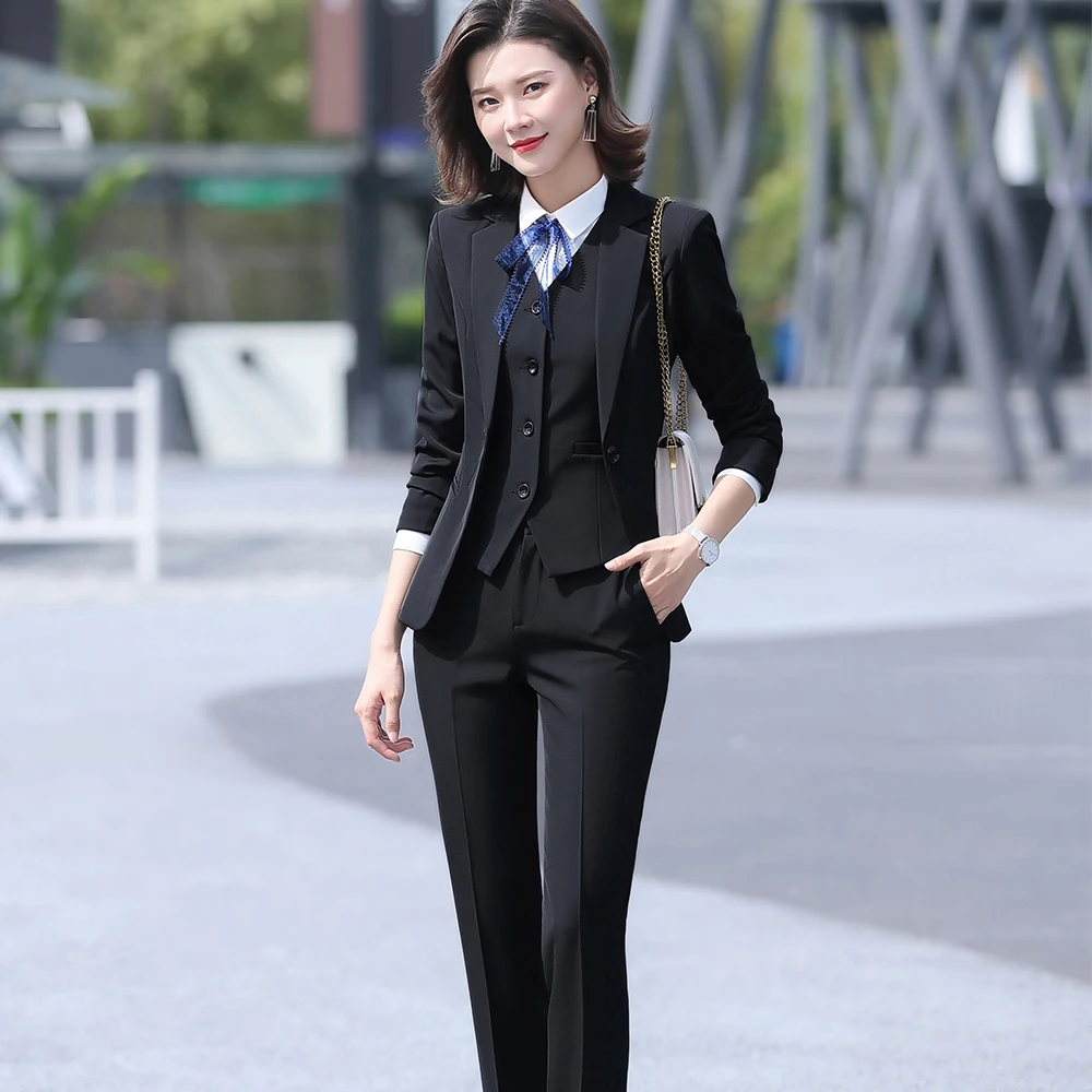 Office Lady 3 Piece Set Women Formal Work Wear Pant Suit Uniform Designs Single Button Black Gray Blazer Jacket Vest and Pant