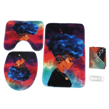 

4 Piece Set African Ladies Bathroom Mat Curtain Set Non-Slip Base Carpet + Lid Toilet Cover + Bathroom Mat + Bathroom Shower Cur