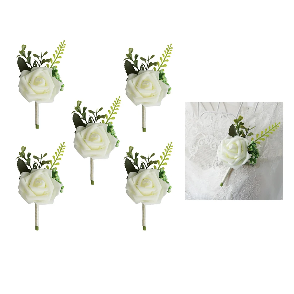 5Pcs Wedding Boutonniere Artificial PE Rose Flowers Corsages for Bride Groom Groomsmen Bouquet Brooch, White