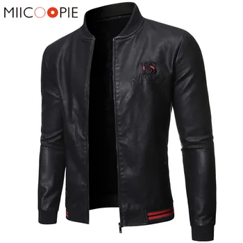 

Mens Embroidery Leather Jacket New Fashion Male Black Zipper Stand Collar Biker Jacket Coats Autumn Bomber Chaqueta Moto Hombre