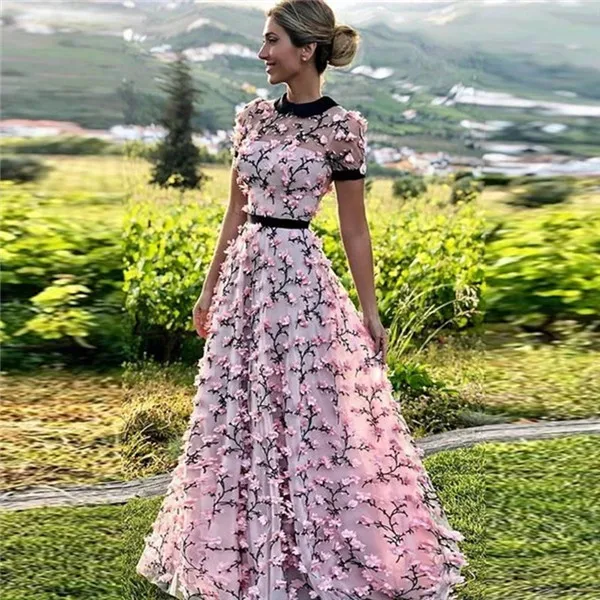 as picture Robe De Soiree, тюлевые вечерние платья с цветами, длинные, с бретелькой через шею, с коротким рукавом, вечерние платья, торжественное платье - Цвет: as picture