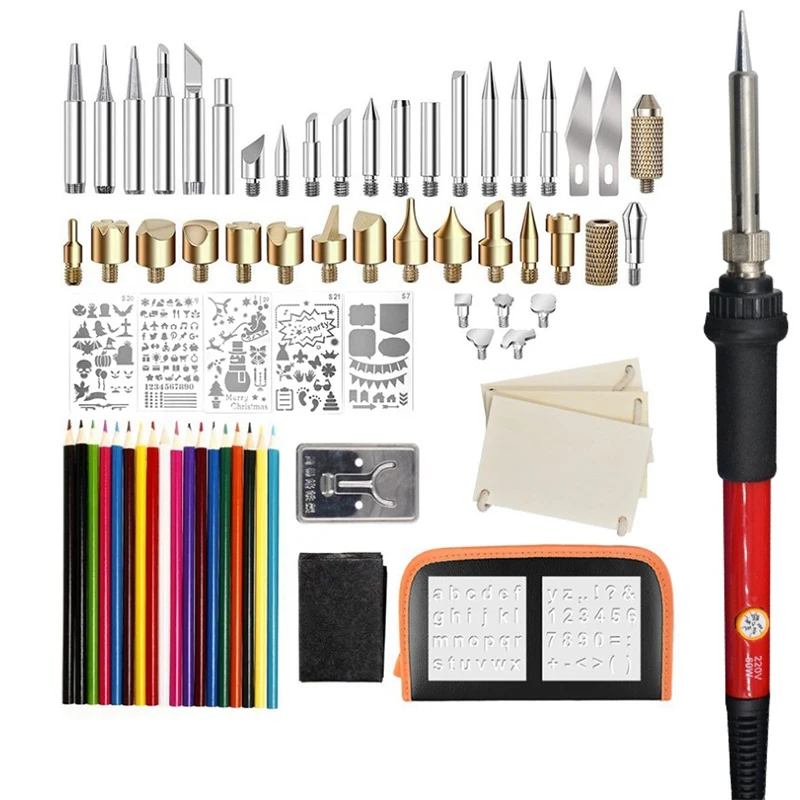 

Hot 79Pcs 60W Soldering Iron Wood Burning Kit Adjustable Engraving Pyrography Tool Welding Welding Skill Kit Wood Embosse(Eu Plu