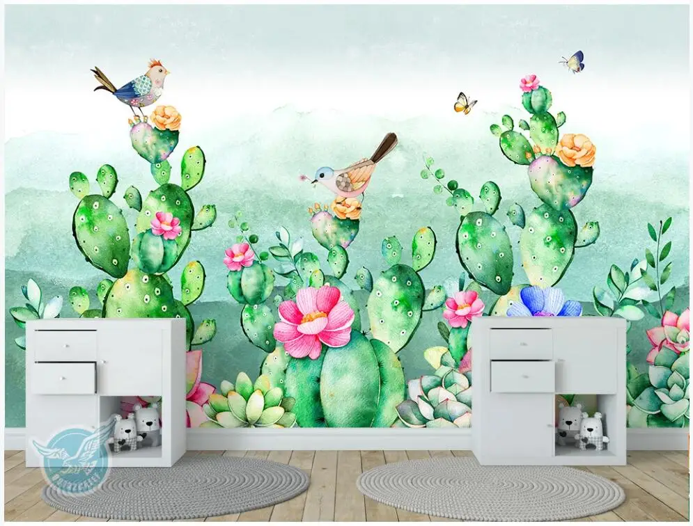 3d wallpaper custom photo mural Hand painted tropical plants cactus flowers and birds home decor for walls 3 d | Обустройство дома