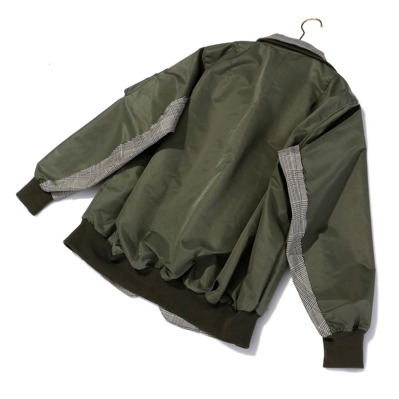 [EAM] Свободная куртка в армейскую зеленую клетку большого размера, новинка, Женское пальто с отворотом и длинным рукавом, модное осенне-зимнее пальто, 1D636