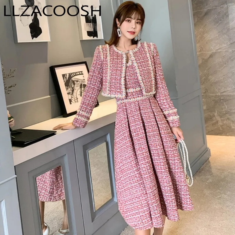 

High Quality 2019 Fall Winter Tweed Dress and Jacket 2 Piece Set Women Tweed Short Jacket Coat + Beading Vest Dress Sets