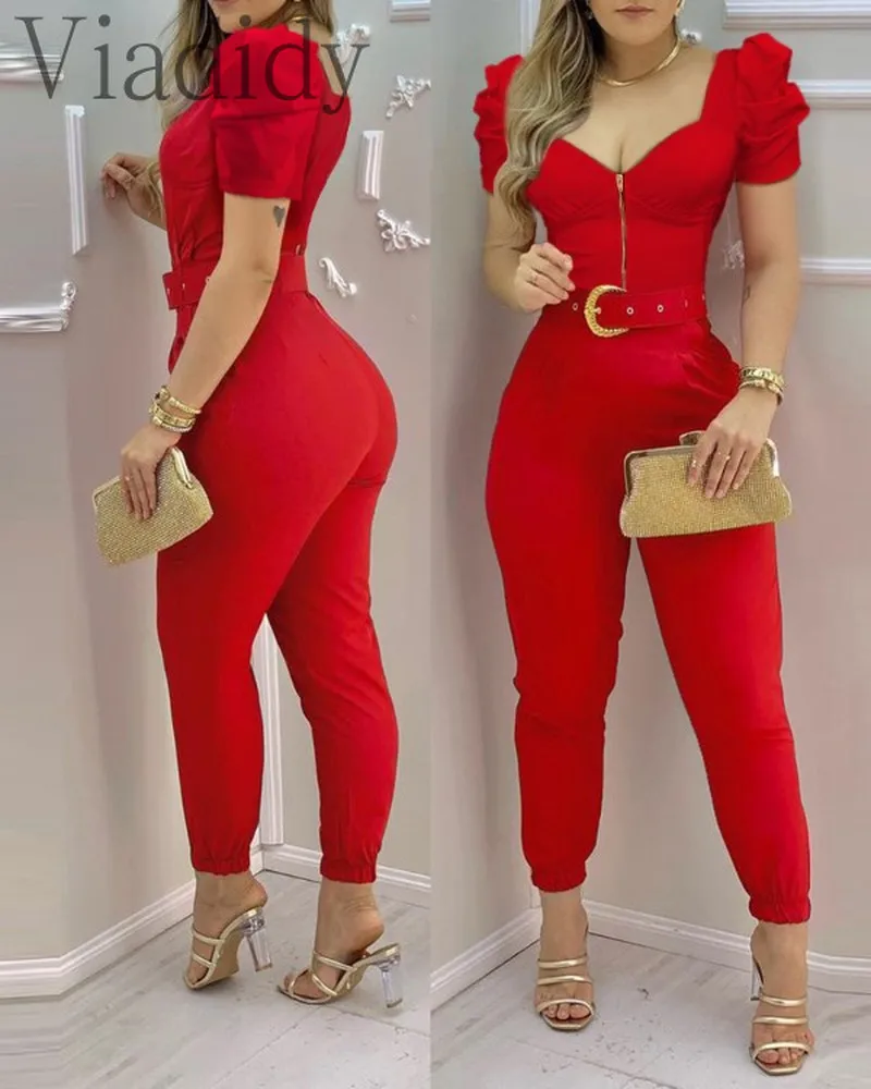 

Red Puffed Sleeve Jumpsuit With Belt