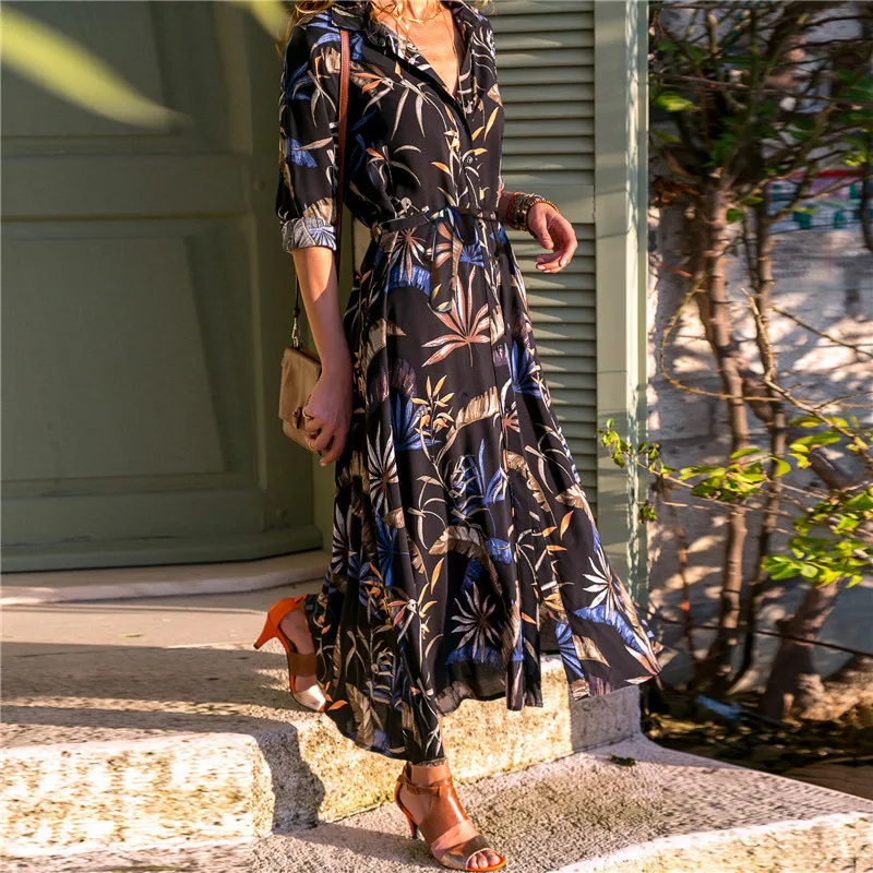 Цветное пляжное платье с принтом листьев для женщин, повседневное Бандажное шифоновое платье с длинным рукавом, Летняя туника Boho Vestidos XXXL - Цвет: black-blue