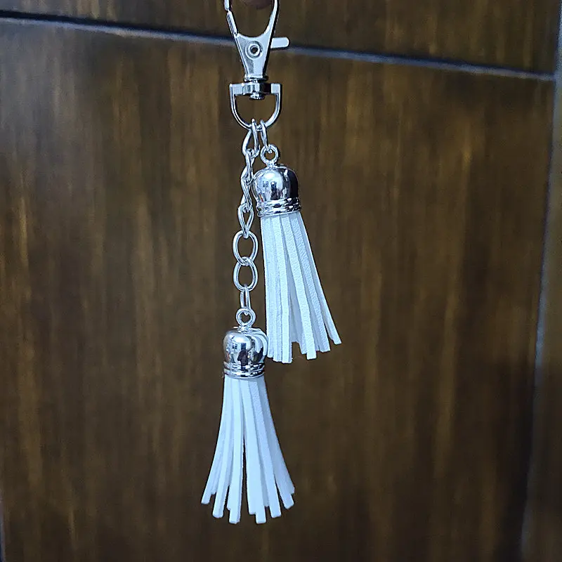 

Silver Leather 2 Tassel Key Chain PU Leather Tassel Key Rings Carabiner Morning Glory Design Key Holder Charming Pendant Gifts