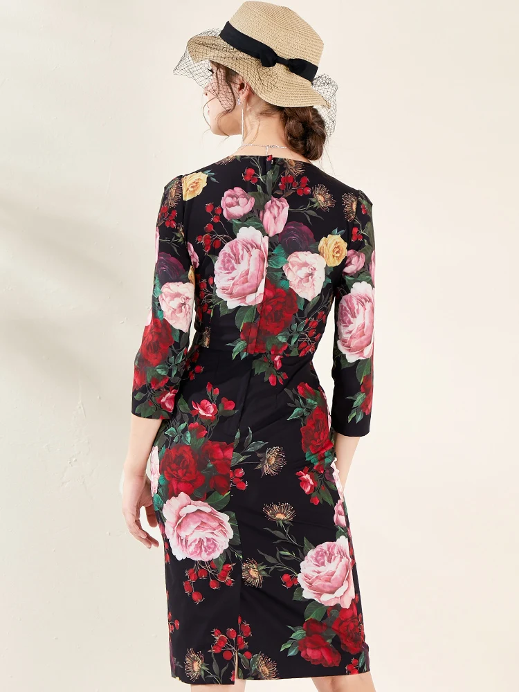 VERDEJULIAY Runway Bodycon Dress Summer Spring New Fashion Design 3/4 Sleeve Flowers Printed Knee Black Sheath Dress