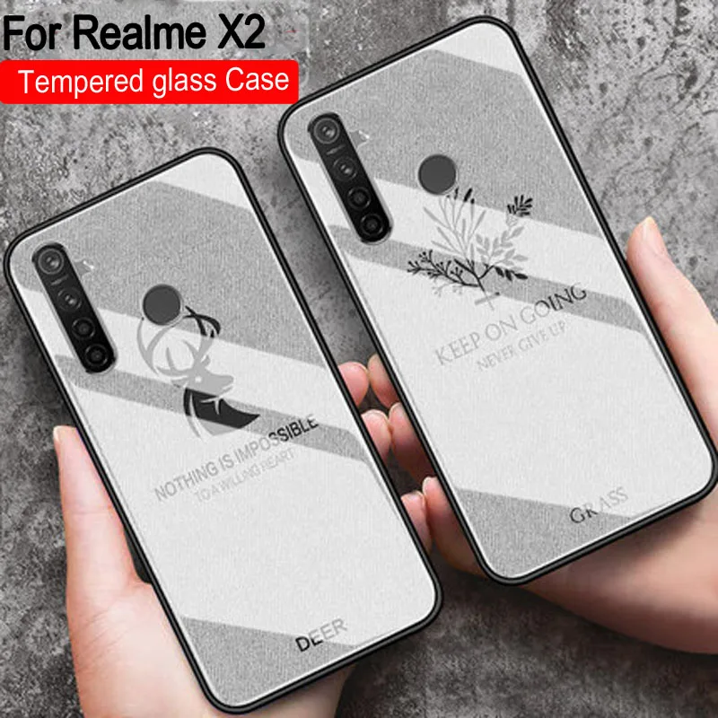 Чехол из закаленного стекла с оленями и травой для OPPO Realme X2 Мягкая силиконовая