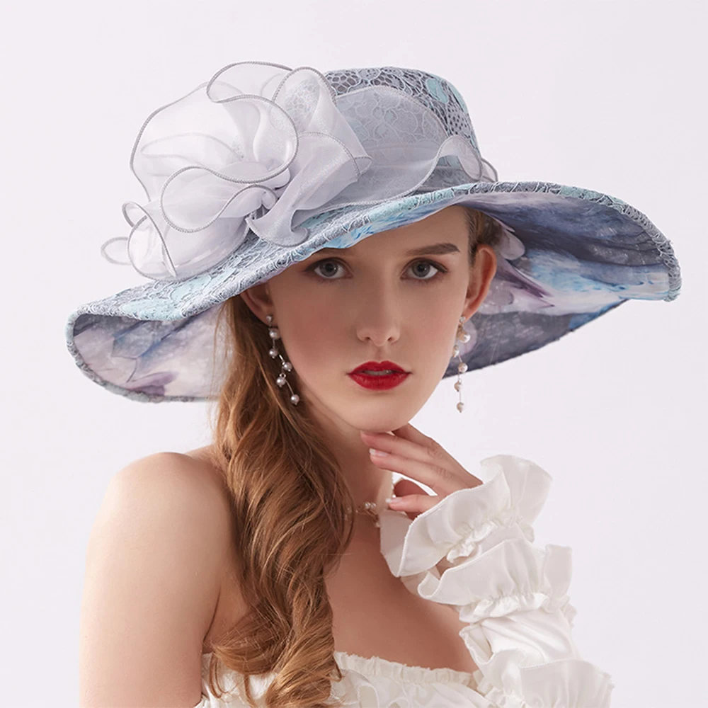 

Big Flower Summer Sun Hats For Women Beach Beige Organza Tea Party Hat Elegant Ladies Church Kentucky Derby Wide Brim Fedoras