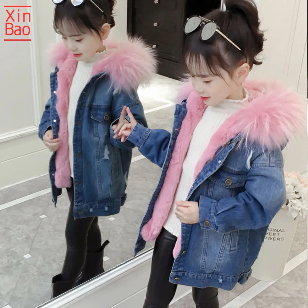 XINBAO/теплый жакет с капюшоном на меху для девочек; детские джинсовые пальто; хлопковые флисовые джинсы; детские парки; Верхняя одежда; плотные детские зимние костюмы - Цвет: pink