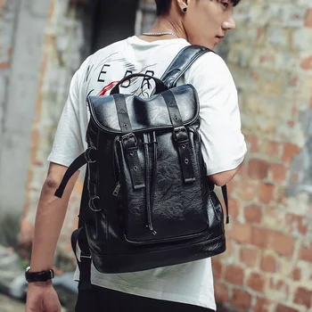 

New High Quality Washed PU Men's Backpack Fashion All Match Black Backpack Large Capacity Practical Student Bag