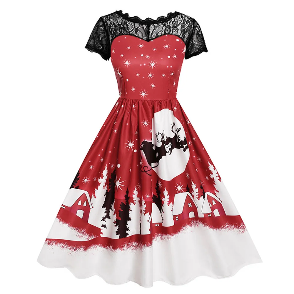 Женское платье винтажное женское винтажное кружевное платье с коротким рукавом и принтом для рождественской вечеринки повседневное вечернее платье - Цвет: Red