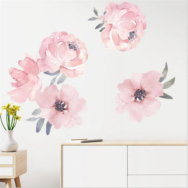 Watercolor Pink Peony Flowers Wall Stickers For Kids Room Living Room ...