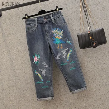 

Plus Size High Waist Woman's Jeans Floral Peacock Embroidery Mom Jeans For Women Summer Calf Length Denim Pants Casual Trousers