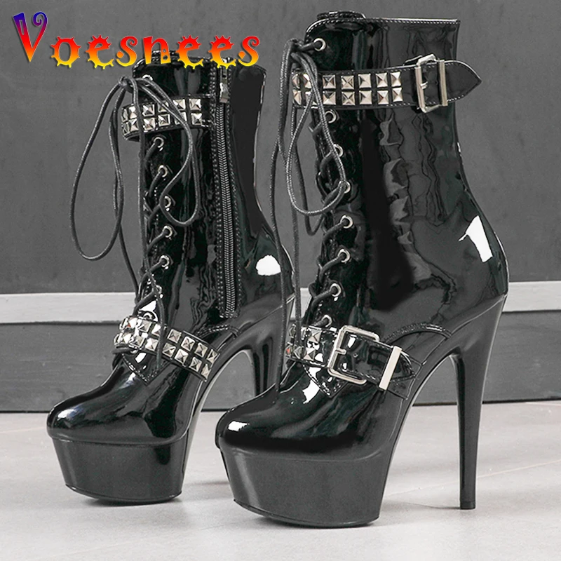 Voesnees Women Shoes Boots High Heels Thin Platform Black Big Size 43 Winter Calf Short Boot Zipper Matrin Party Shoe | Обувь